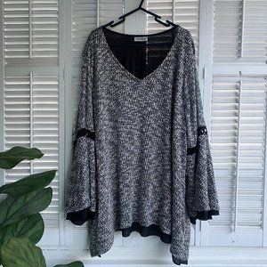 Catherines 3X Knit Sweater Black & White Womens Long Bell Sleeve Chiffon Crochet